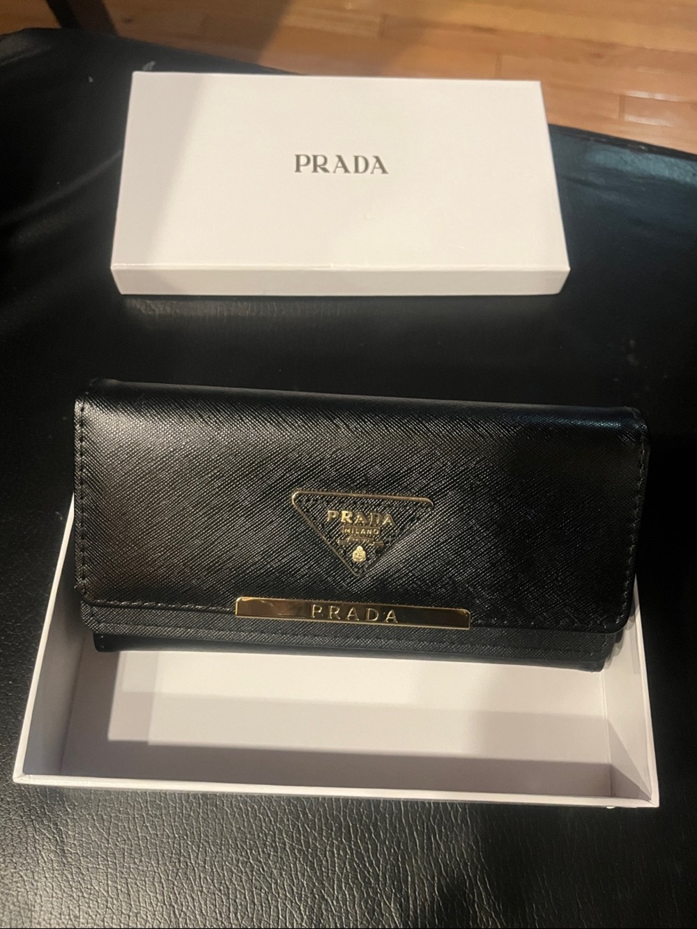 Designer Inspired Black Saffiano Leather Continental Wallet with Gold Hardware